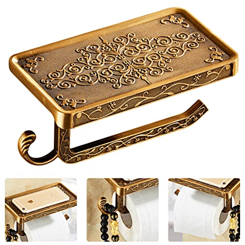 HASTHIP® Toilet Paper Roll Holder with Phone Shelf, Anti-Rust Aluminum Antique 3D Carving Wall-Mounted Toilet Paper Holder for Bathroom Washroom Hotel (7.29 * 3.94 * 3.75inch) - Image 1