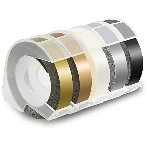 Pristar Compatible Embossing Tape Self-Adhesive Replacement for Dymo Embossing Label Maker Organizer Xpress, White on Black/Silver/Clear/Gold/Champagne Gold, 3/8 in x 9.8 ft, 5-Pack - Image 1