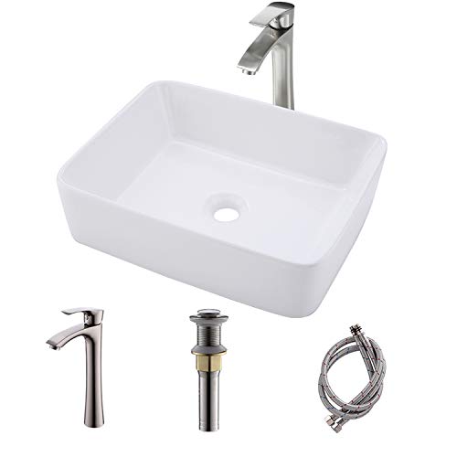 Bokaiya White Vessel Sink with Faucet and Drain Combo-Bokaiya 16x12 Rectangle Bathroom Vessel Sink Above Counter Porcelain Ceramic Bathroom Sink Art Basin, Faucet Matching Pop Up Drain Combo - Image 1