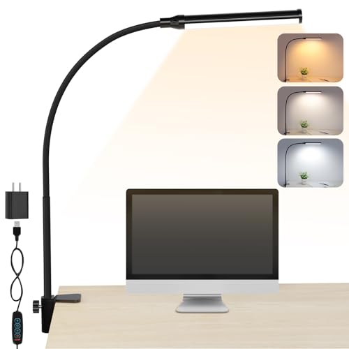 ShineTech LED Desk lamp with Clamp, Eye-Caring Clip Lights for Home Office, 3 Colors Full Brightness, Flexible Gooseneck USB Adapter Table Lamp, Black - Image 1