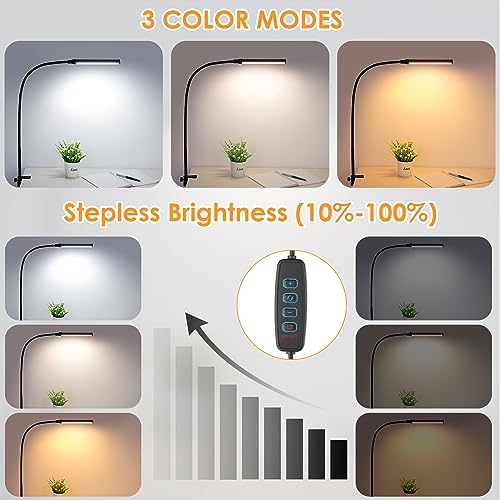 ShineTech LED Desk lamp with Clamp, Eye-Caring Clip Lights for Home Office, 3 Colors Full Brightness, Flexible Gooseneck USB Adapter Table Lamp, Black - Image 2