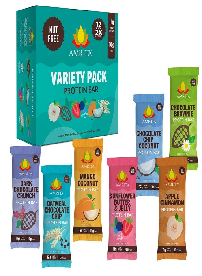 Amrita Nut Free 6 Flavor Variety Pack Vegan Protein Bars (12 CT) | 11g to 12g Plant-Based Protein Bar | Peanut Free, Gluten Free, and Dairy Free | Low Sugar, High Fiber, Healthy School-Safe Snacks - Image 1
