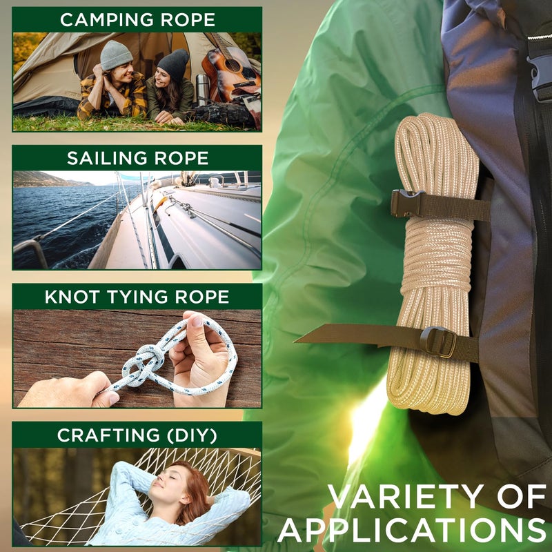TECEUM Rope â€“ 90 Feet x 1/4 Inch (7mm) â€“ Beige â€“ Strong All-Purpose Utility Rope â€“ Camping, Crafting, Flag Pole, Indoor & Outdoor â€“ Polypropylene Nylon Poly Lightweight Diamond Braided Cord - Image 5