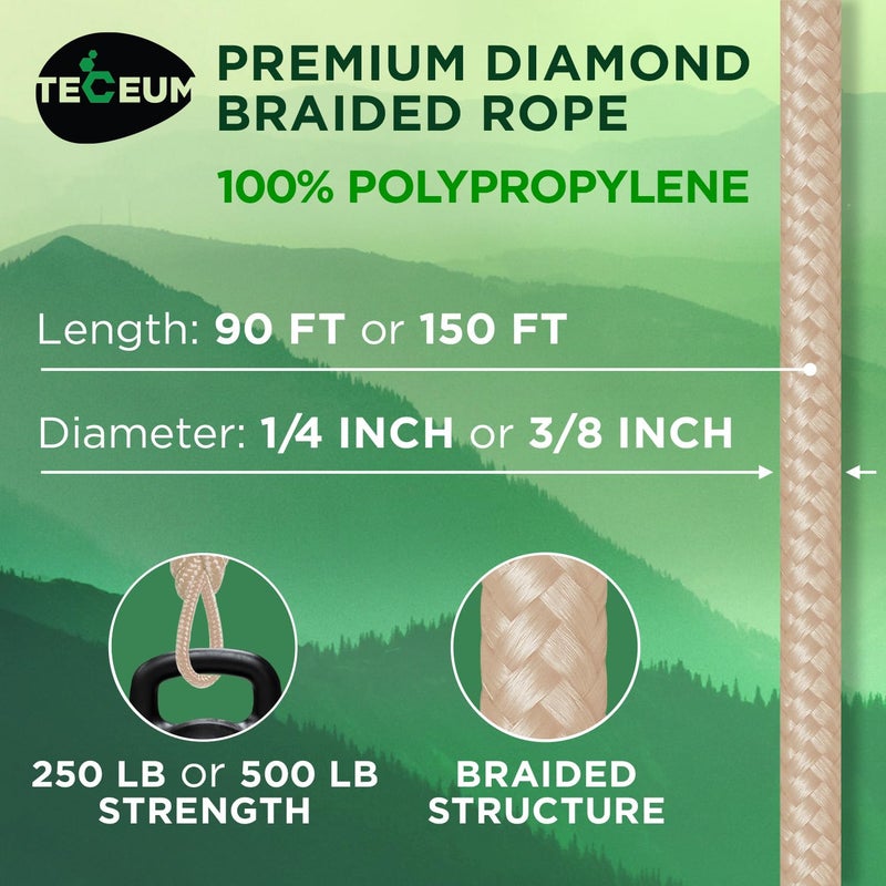 TECEUM Rope â€“ 90 Feet x 1/4 Inch (7mm) â€“ Beige â€“ Strong All-Purpose Utility Rope â€“ Camping, Crafting, Flag Pole, Indoor & Outdoor â€“ Polypropylene Nylon Poly Lightweight Diamond Braided Cord - Image 2