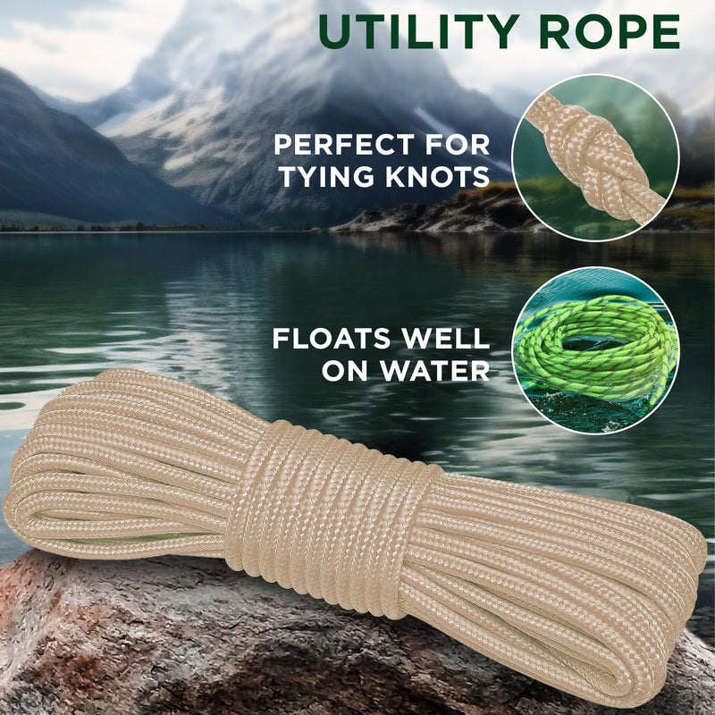 TECEUM Rope â€“ 90 Feet x 1/4 Inch (7mm) â€“ Beige â€“ Strong All-Purpose Utility Rope â€“ Camping, Crafting, Flag Pole, Indoor & Outdoor â€“ Polypropylene Nylon Poly Lightweight Diamond Braided Cord - Image 3