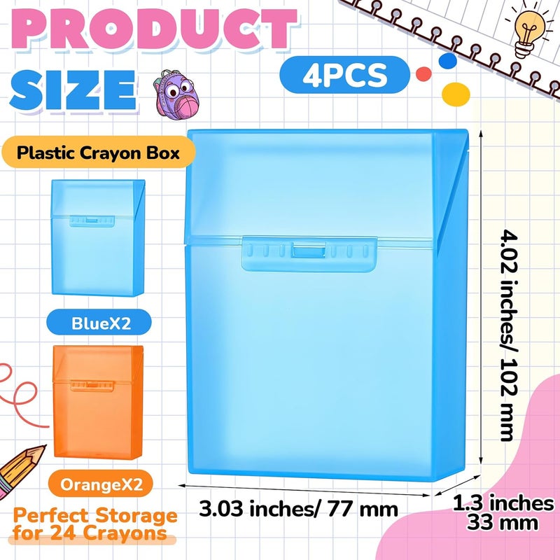 Clabby 4 Pcs Plastic Crayon Organizer Case for 24 Count Crayons Kids Art Supply Storage Box with Lid, Portable Holder for Classroom Home Travel, Fits Standard 24-Pack Crayon (Blue,Orange) - Image 2