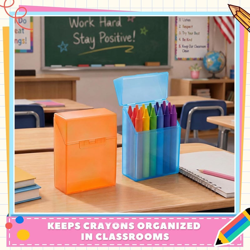 Clabby 4 Pcs Plastic Crayon Organizer Case for 24 Count Crayons Kids Art Supply Storage Box with Lid, Portable Holder for Classroom Home Travel, Fits Standard 24-Pack Crayon (Blue,Orange) - Image 5
