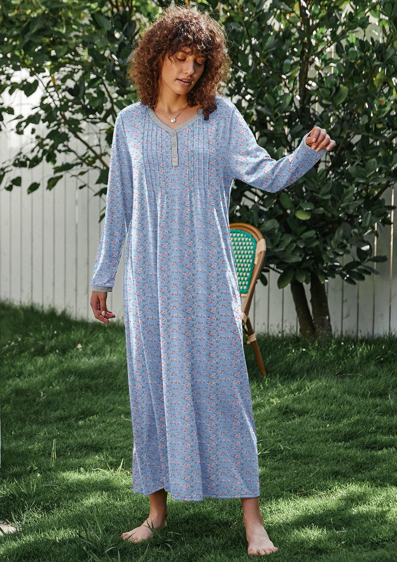 Ekouaer Women's Long Sleeve Nightgown Full Length Sleepwear Long Sleepshirts Henley Sleep Dress S-4XL - Image 4