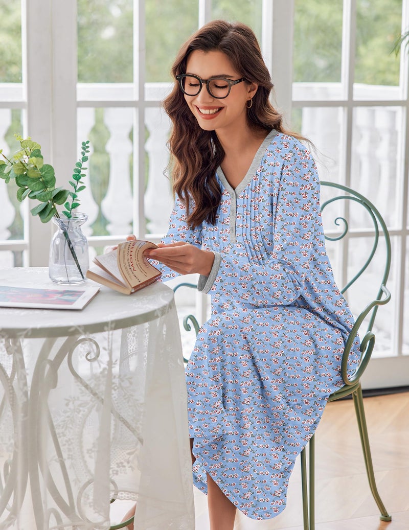 Ekouaer Women's Long Sleeve Nightgown Full Length Sleepwear Long Sleepshirts Henley Sleep Dress S-4XL - Image 2