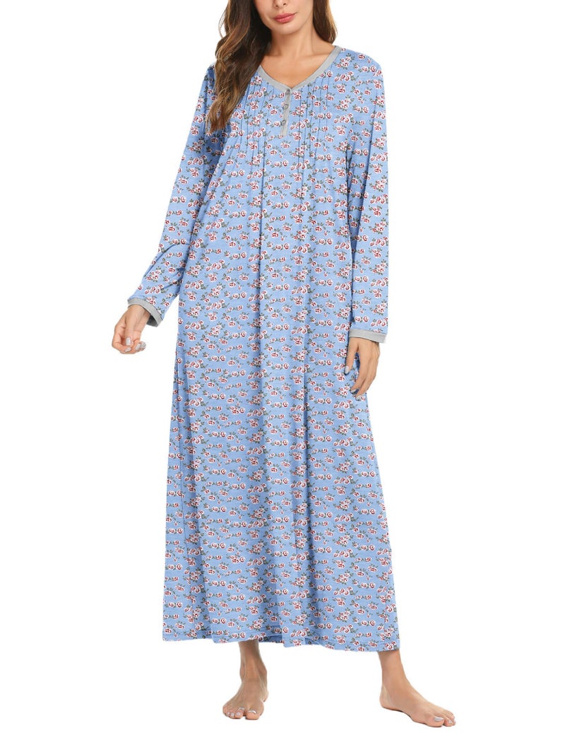 Ekouaer Women's Long Sleeve Nightgown Full Length Sleepwear Long Sleepshirts Henley Sleep Dress S-4XL - Image 1