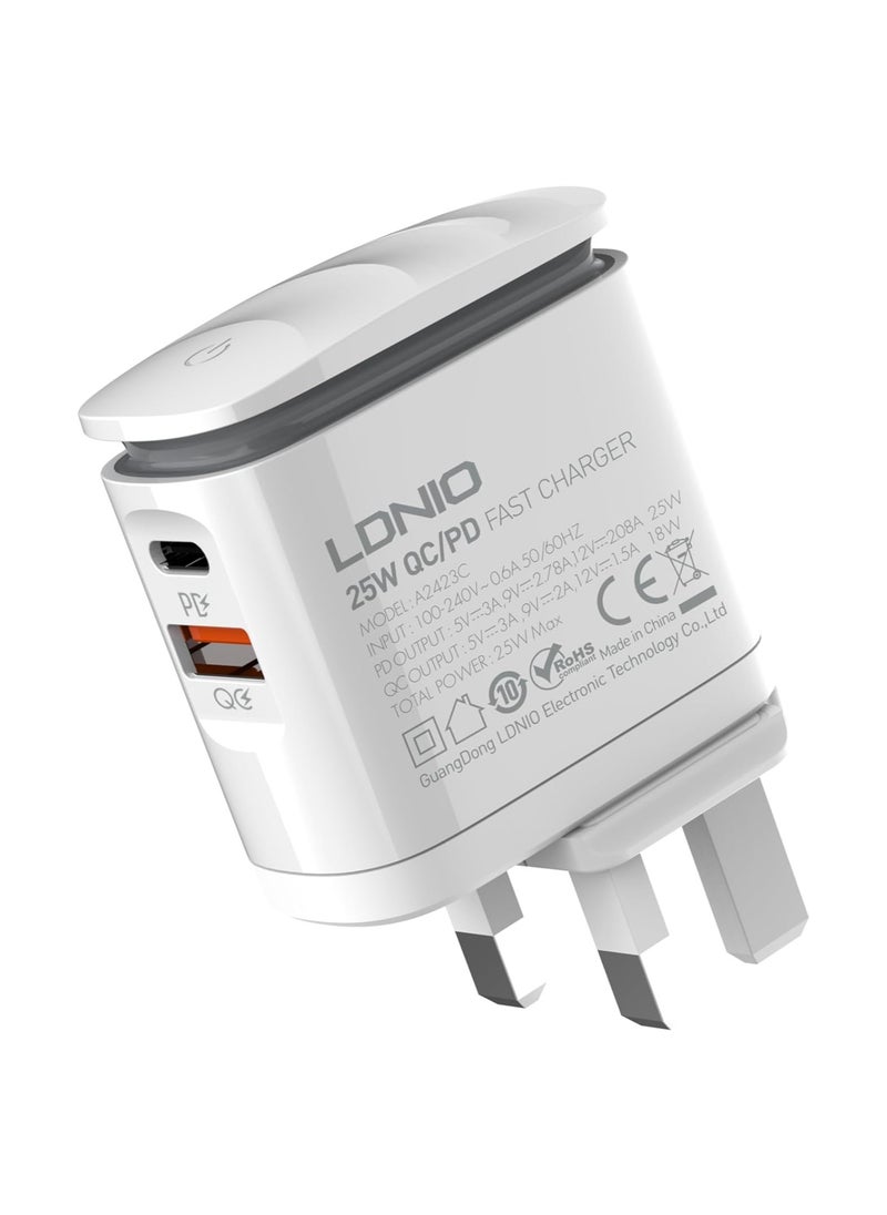 إل دينو - LDNIO A2423C شاحن حائط سريع بقابس أوروبي مع كابل ميكرو ومصباح ليلي LED 25 وات - أبيض - Image 1