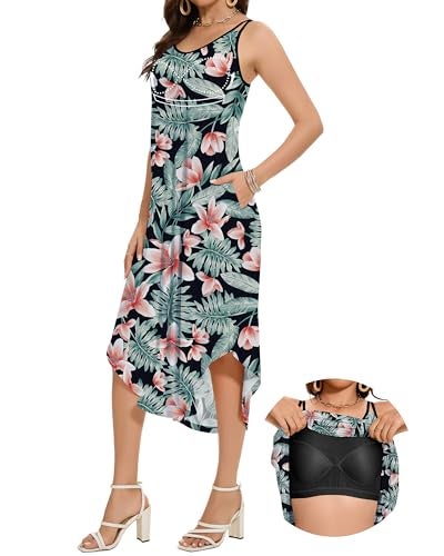 JOYSHAPER Built in Bra Summer Maxi Dresses Casual Sundress Sleeveless Beach Dress Vacation Dress with Pockets Red Floral - Image 1