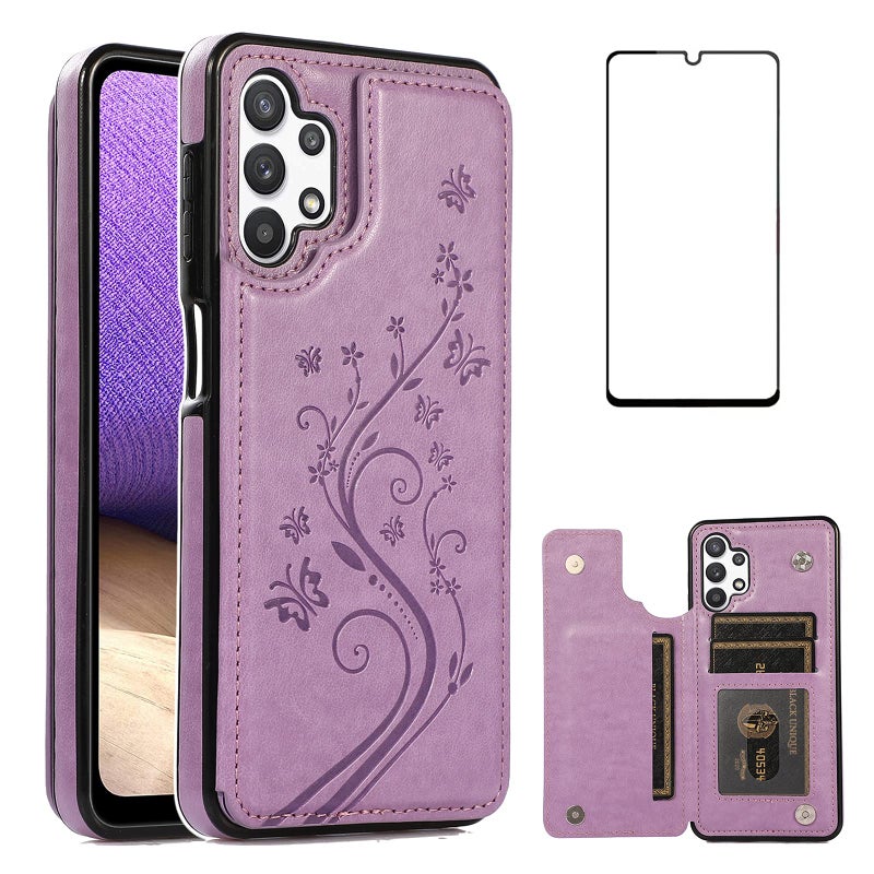 Asuwish Phone Case for Samsung Galaxy A32 5G 6.5 inch with Tempered Glass Screen Protector Card Holder Wallet Cover Stand Flip Leather Cell Accessories Glaxay A 32 32A S32 G5 A326U Cases Women Girl Purple - Image 1
