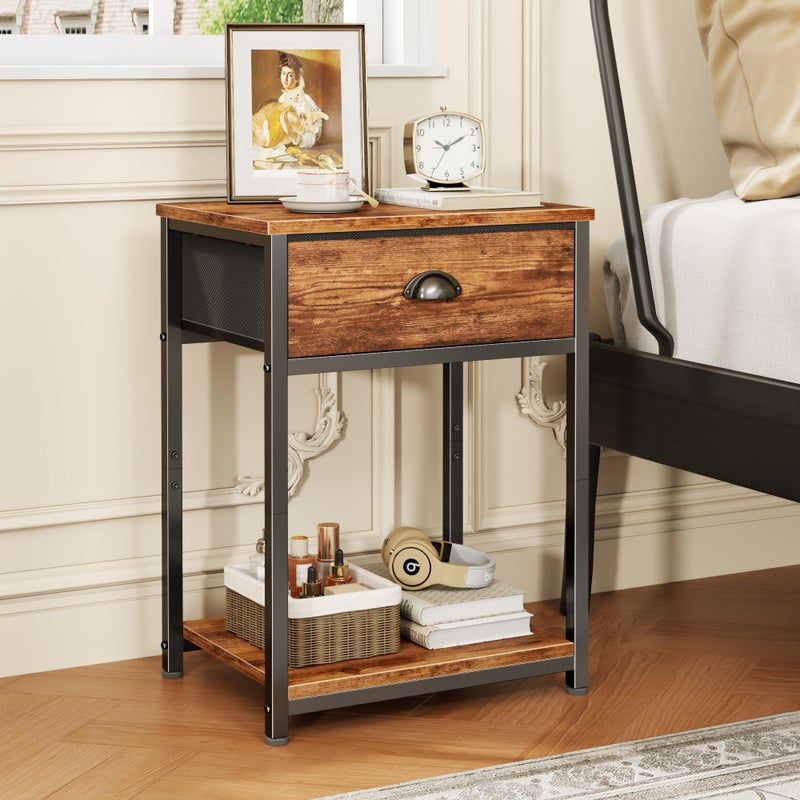 Furologee Nightstands Set of 2, Night Stand with Fabric Drawer and Storage Shelf, Retro Bedside Sofa Tables for Small Place, End Side Tables Living Room Bedroom, Rustic Brown - Image 2