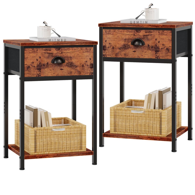 Furologee Nightstands Set of 2, Night Stand with Fabric Drawer and Storage Shelf, Retro Bedside Sofa Tables for Small Place, End Side Tables Living Room Bedroom, Rustic Brown - Image 1