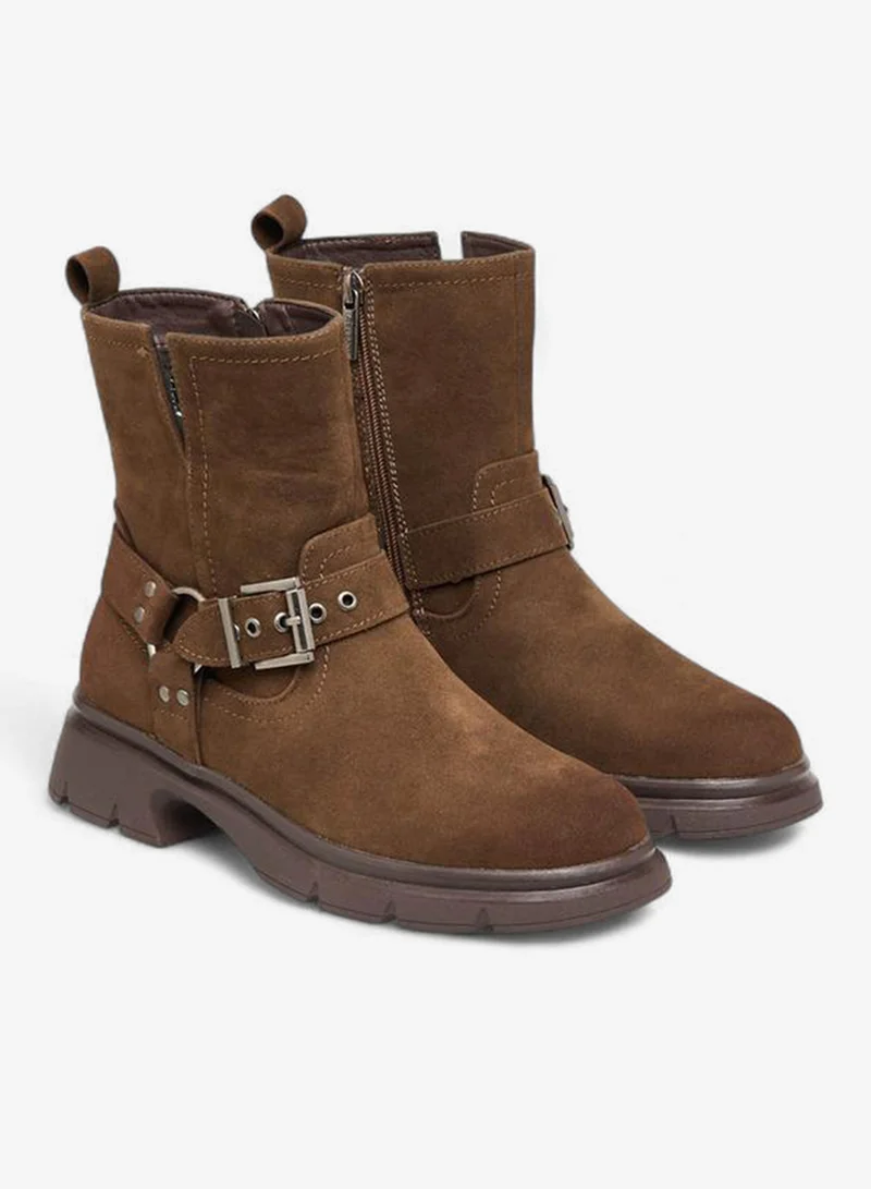 Celeste BROWN Women's Buckle Accent Ankle Boots with Block Heels and Zip Closure for Women | Best Price UAE