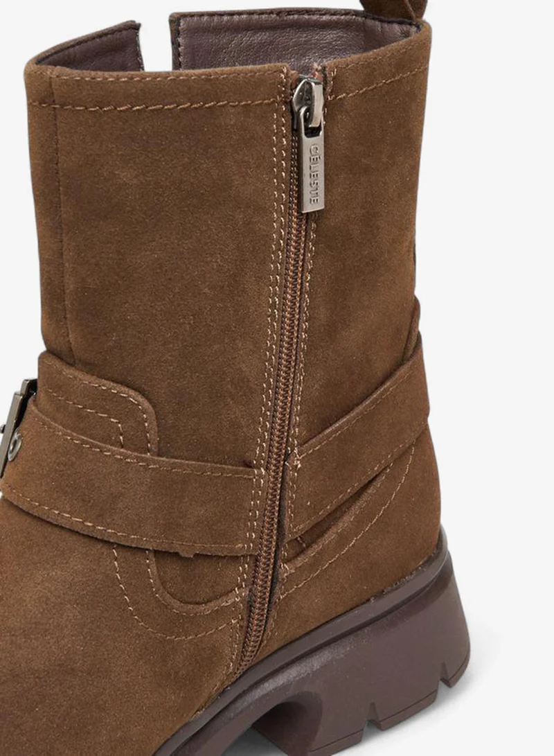 Celeste BROWN Women's Buckle Accent Ankle Boots with Block Heels and Zip Closure for Women | Best Price UAE