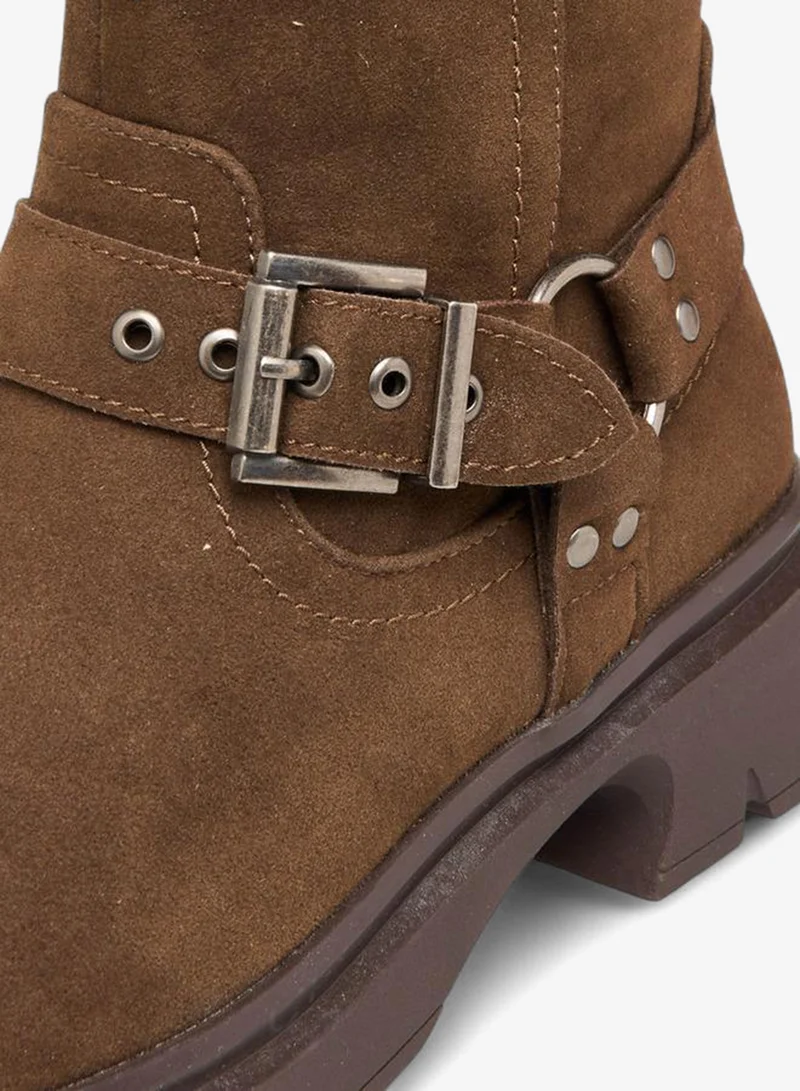 Celeste BROWN Women's Buckle Accent Ankle Boots with Block Heels and Zip Closure for Women | Best Price UAE