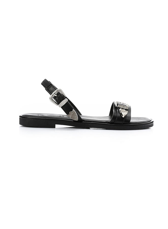 DejaVu Decorative Buckle Black Flat Sandals  - Image 1
