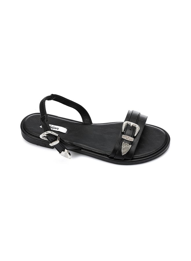DejaVu Decorative Buckle Black Flat Sandals  - Image 5