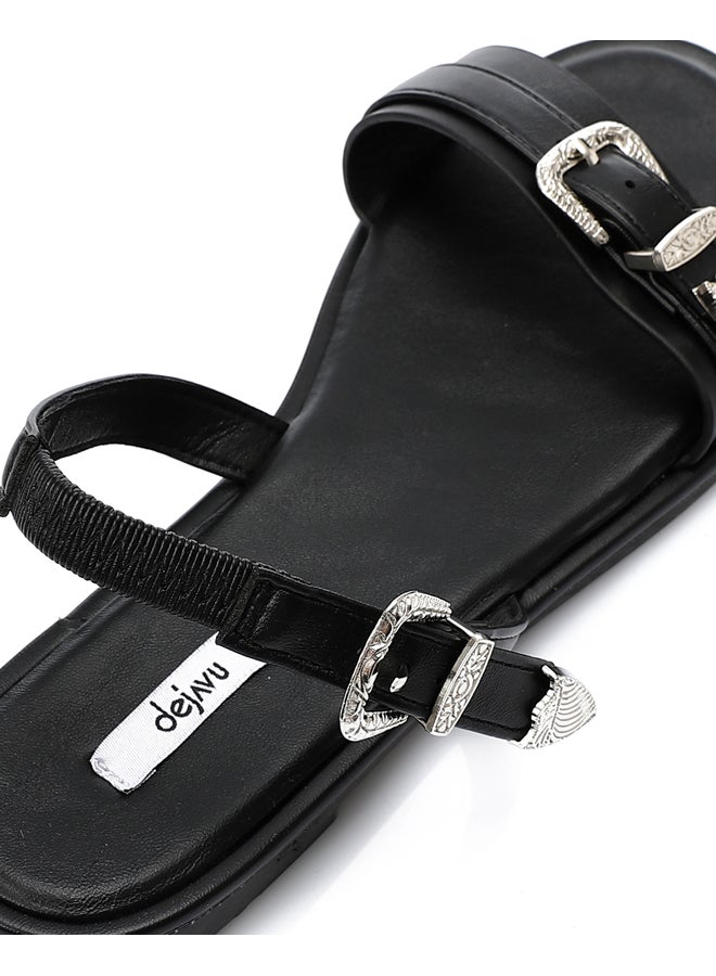 DejaVu Decorative Buckle Black Flat Sandals  - Image 4