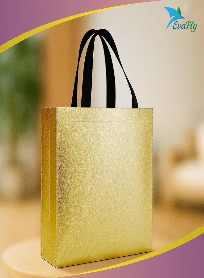Evafly أكياس هدايا إيفافلاي متوسطة الحجم، عبوة من 20 كيسًا: الطول 13 × العرض 12 × العمق 4 بوصات | قابلة لإعادة الاستخدام، مصنوعة من قماش غير منسوج لامع مغلف بطبقة معدنية | هدايا تذكارية لحفلات الحناء، أكياس من الجوت لهدايا التذكار، هدايا تذكارية لأعياد الميلاد - ذهبي - Image 3