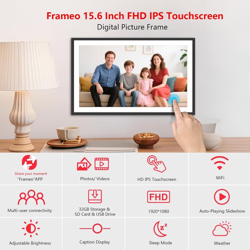إطار صور رقمي كبير أكيمارت 15.6 بوصة، إطار صور رقمي واي فاي، شاشة لمس IPS عالية الدقة 32 جيجابايت تخزين مع تدوير تلقائي ومشاركة فورية للصور/الفيديو عبر تطبيق Frameo، هدية للأم - Image 2