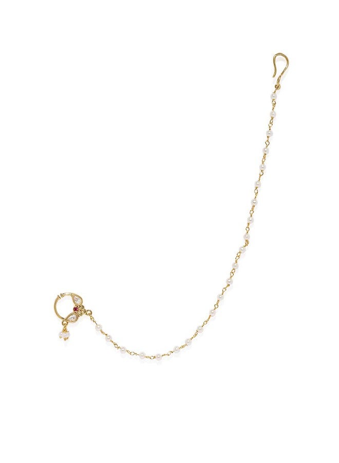 ACCESSHER Gold Plated Traditional and Ethnic Ruby Kundan Embellished Delicate Clip On/Non-Piercing Nose Ring/Nathani with Pearl Chain for Women Pack of 1 - Image 1