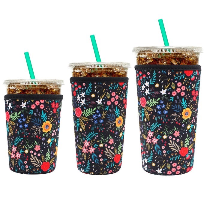 REUSABLE NEOPRENE INSULATOR SLEEVE FOR ICED COFFEE CUPS 3 PACK COFFEE COOLIES SLEEVES FOR ICED HOT DRINKS COLD BEVERAGE COOLER COMPATIBLE WITH STARBUCKS DUNKIN COFFEE AND MORE LITTLE FLOWER