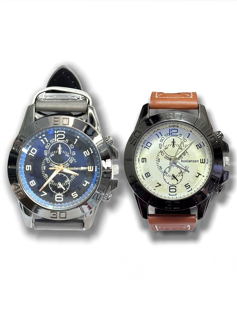 kuxiansen 2PCS Men Watches Casual Wristwatch PU Leather Gray/Coffee Strap Analog Quartz Watch Sets as Gift for Men - Image 1