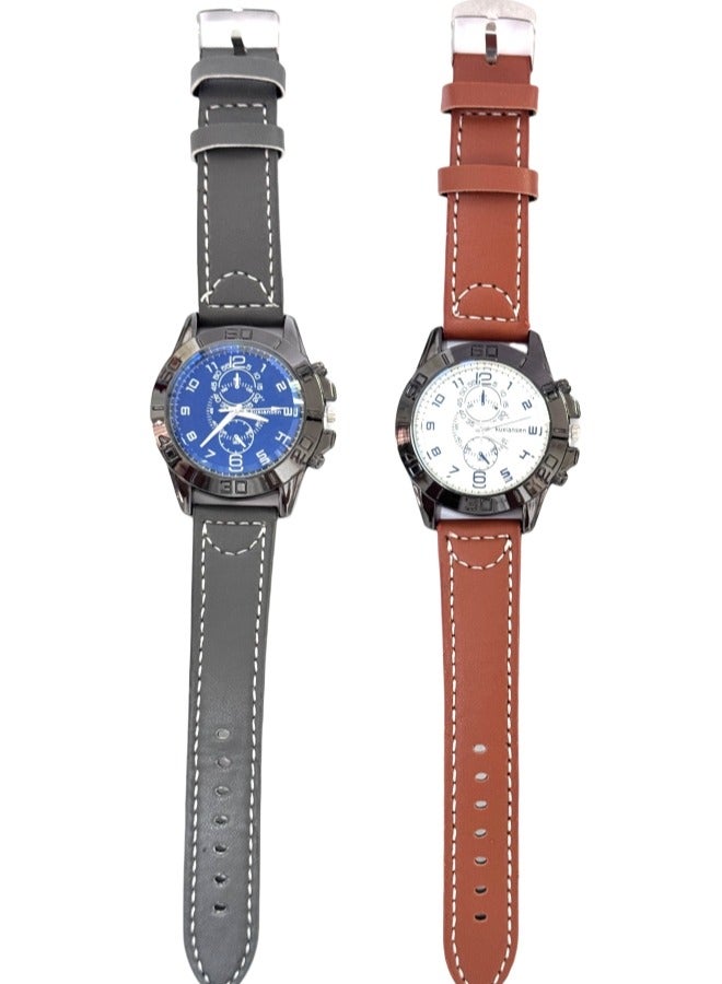 kuxiansen 2PCS Men Watches Casual Wristwatch PU Leather Gray/Coffee Strap Analog Quartz Watch Sets as Gift for Men - Image 5