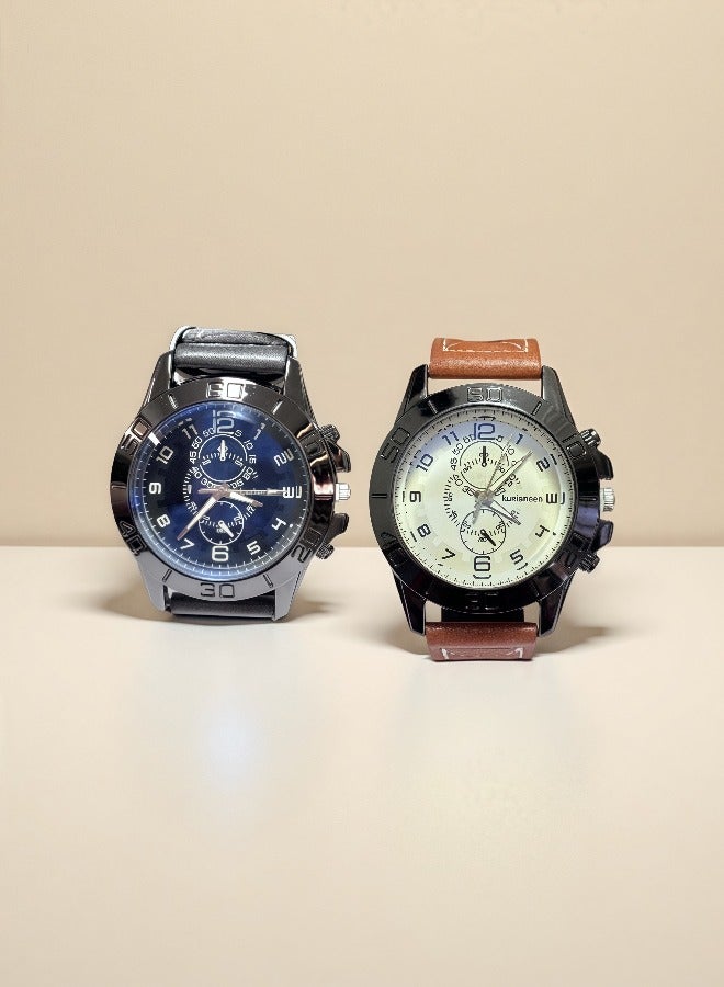 kuxiansen 2PCS Men Watches Casual Wristwatch PU Leather Gray/Coffee Strap Analog Quartz Watch Sets as Gift for Men - Image 4