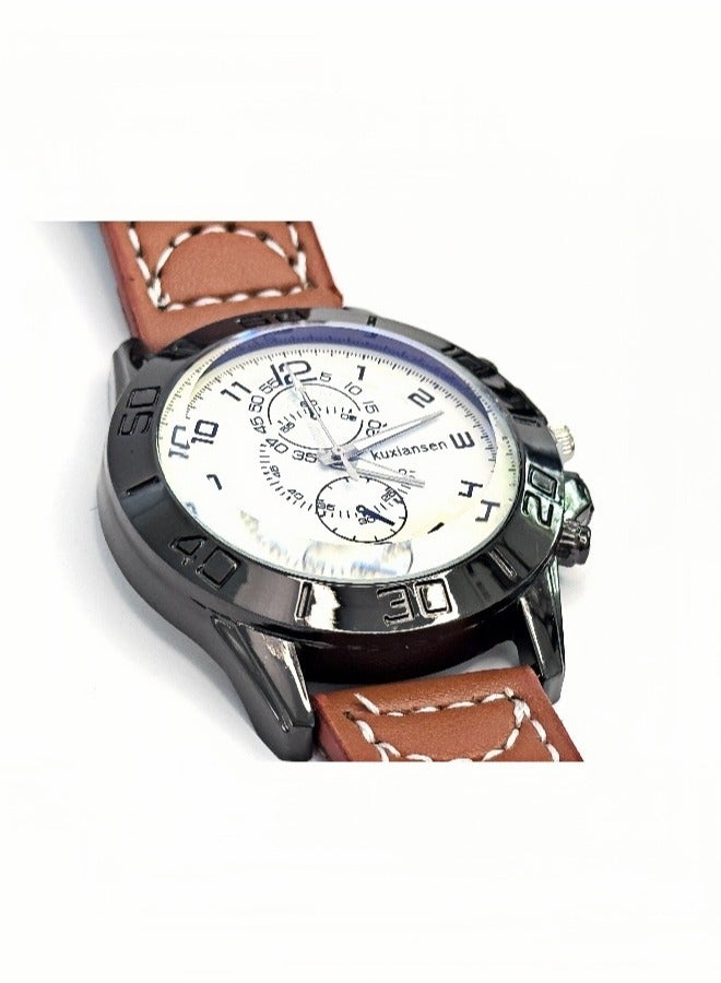 kuxiansen 2PCS Men Watches Casual Wristwatch PU Leather Gray/Coffee Strap Analog Quartz Watch Sets as Gift for Men - Image 3