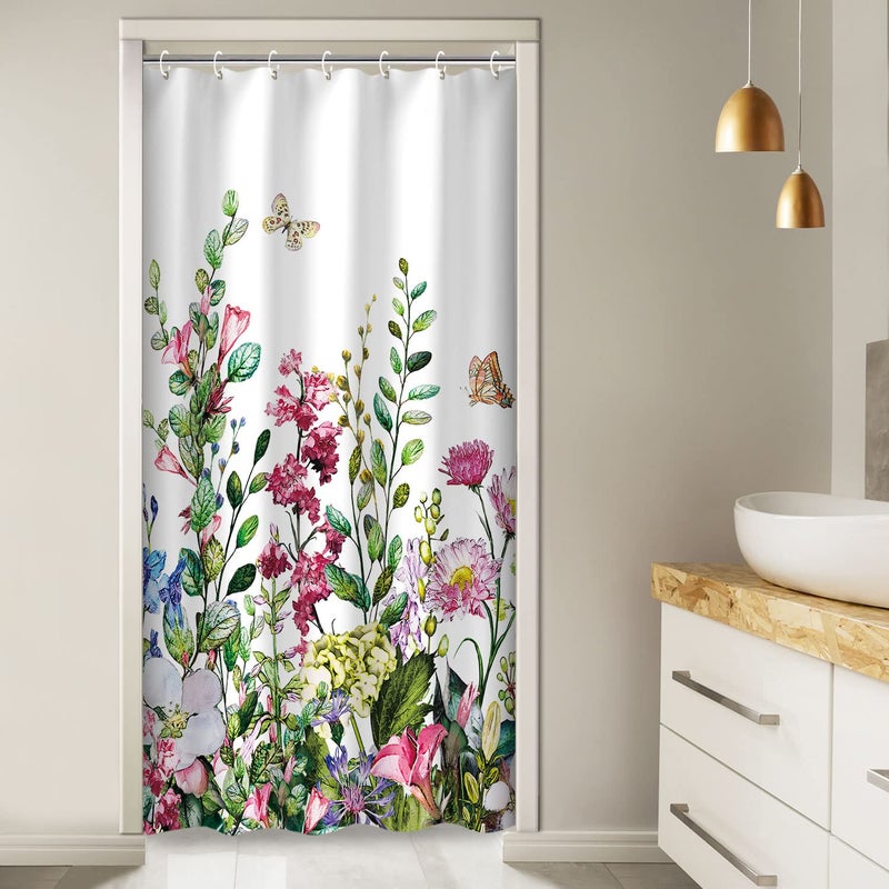 LIVILAN LIVILAN Stall Shower Curtain 36W x72H Inches Narrow RV Shower Curtains Floral Shower Curtains for Bathroom Short Shower Curtains Set with 12 Hooks Half Shower Curtain Stall Size  - Image 1