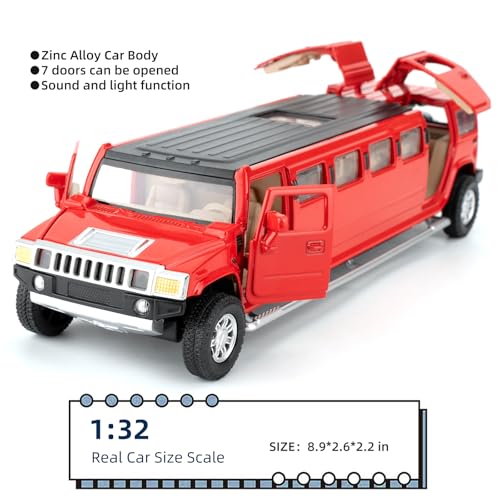 LOVEPOSELY 132 Hummer H2 Car Model Diecast Car Toy with Sound and Light Alloy Stretch Limousine Pull Back Toy Vehicle for Adult Kids Boys Girls Red - Image 5