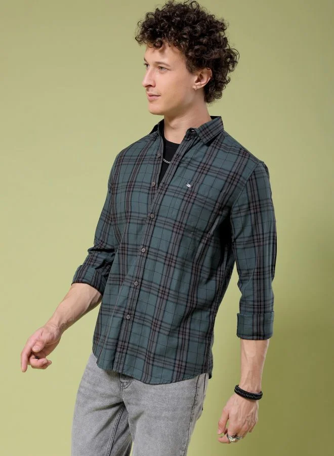 The Indian Garage Co Men Slim Fit Checkered Full Sleeves Cutaway Collar Casual Shirt