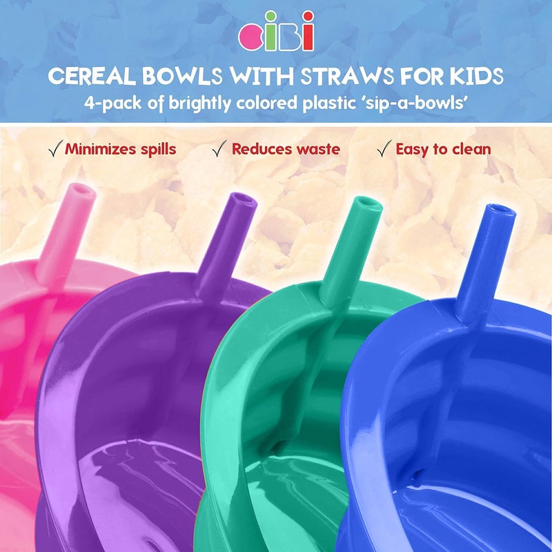 Cibi Cereal Bowls with Straws for Kids BPA-Free Plastic | Toddler Sip-A-Bowls with Built-In Straw for Cereal and Soup | Set of 4 Colorful Breakfast Bowls - Image 2