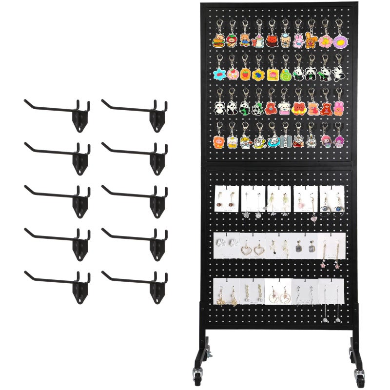 NectaCol 2'x 5' Standing Pegboard Display with T-Base, Pegboard Display Stand with Wheels, Metal Peg Board Display Rack, Art Display Stand, Extra 10 Pieces Hooks - Black - Image 1