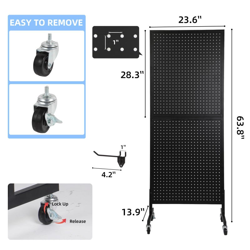 NectaCol 2'x 5' Standing Pegboard Display with T-Base, Pegboard Display Stand with Wheels, Metal Peg Board Display Rack, Art Display Stand, Extra 10 Pieces Hooks - Black - Image 2