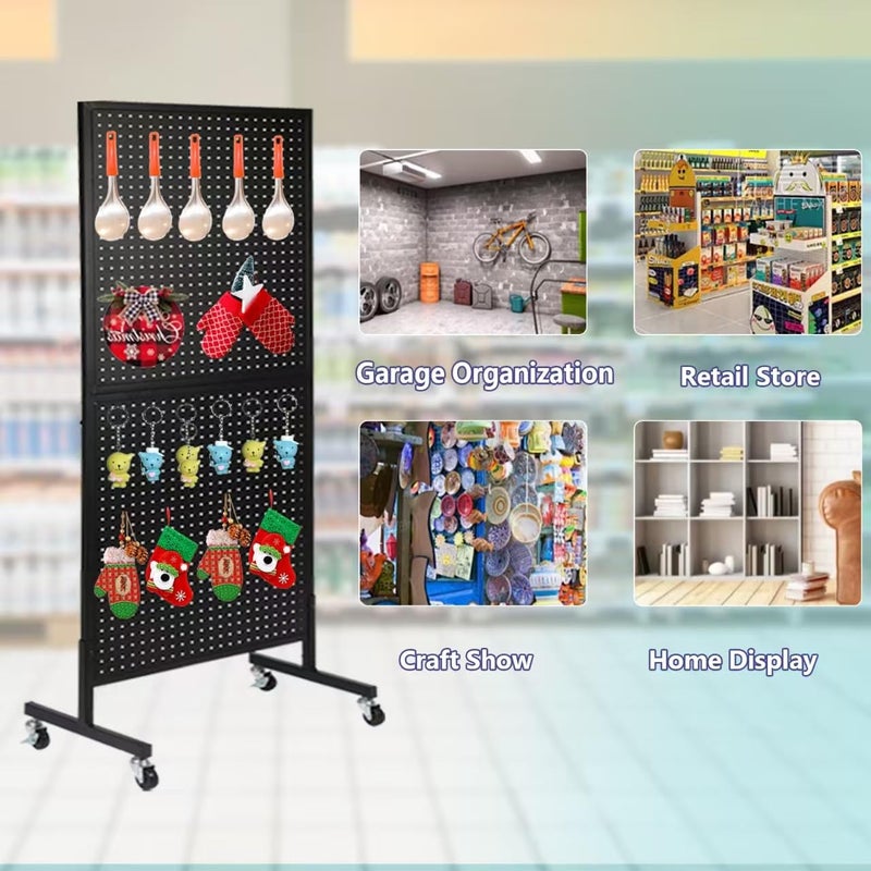NectaCol 2'x 5' Standing Pegboard Display with T-Base, Pegboard Display Stand with Wheels, Metal Peg Board Display Rack, Art Display Stand, Extra 10 Pieces Hooks - Black - Image 5