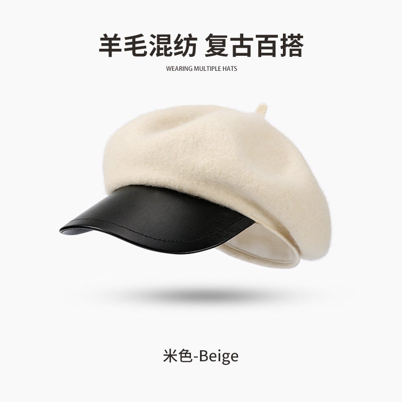 New autumn and winter beret womens wool fashion all-match Japanese painter hat windproof warm cloud hat DMZ102[Wool] DMZ102; rice white [Wool] DMZ102; rice white
