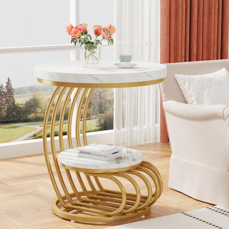 Tribesigns Gold Round End Table: 2 Tiers Faux Marble Side Table with Storage Shelf, Modern White Gold Bedside Nightstand, Metal Arc-Shaped Frame Accent Table for Living Room, Bedroom - Image 1