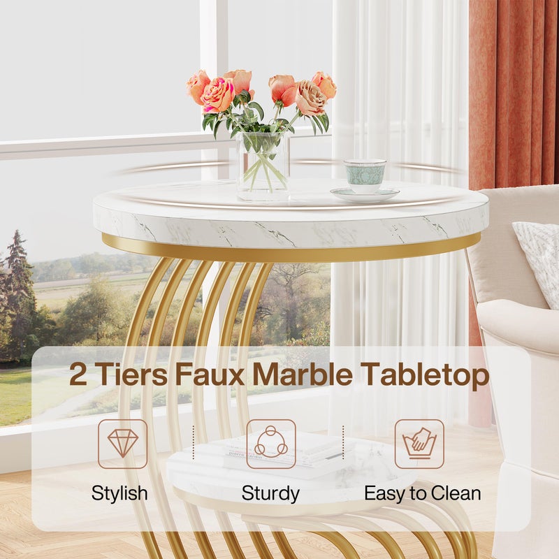 Tribesigns Gold Round End Table: 2 Tiers Faux Marble Side Table with Storage Shelf, Modern White Gold Bedside Nightstand, Metal Arc-Shaped Frame Accent Table for Living Room, Bedroom - Image 4