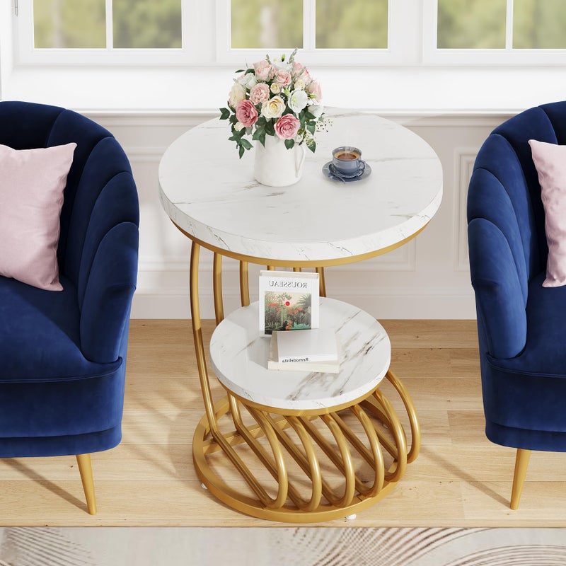 Tribesigns Gold Round End Table: 2 Tiers Faux Marble Side Table with Storage Shelf, Modern White Gold Bedside Nightstand, Metal Arc-Shaped Frame Accent Table for Living Room, Bedroom - Image 2