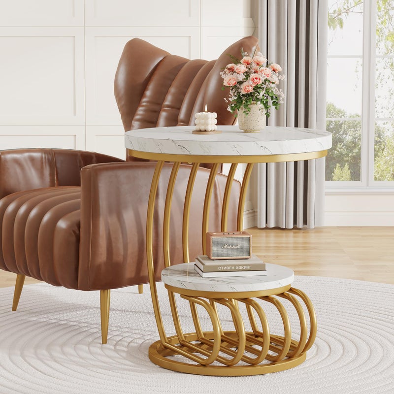 Tribesigns Gold Round End Table: 2 Tiers Faux Marble Side Table with Storage Shelf, Modern White Gold Bedside Nightstand, Metal Arc-Shaped Frame Accent Table for Living Room, Bedroom - Image 3