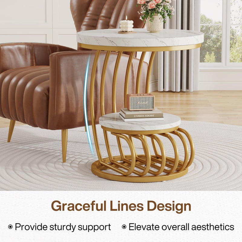 Tribesigns Gold Round End Table: 2 Tiers Faux Marble Side Table with Storage Shelf, Modern White Gold Bedside Nightstand, Metal Arc-Shaped Frame Accent Table for Living Room, Bedroom - Image 5