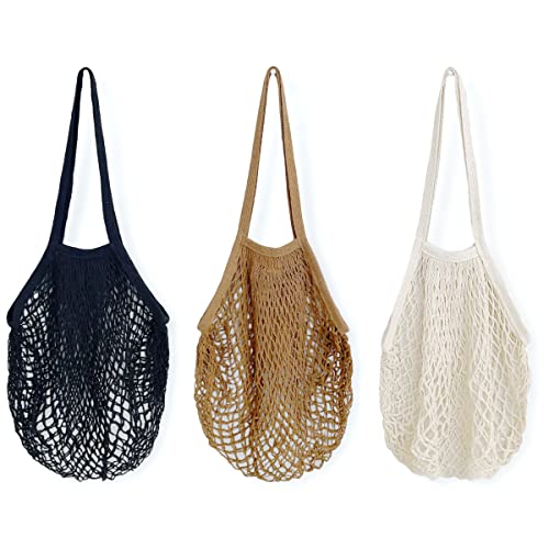 allydrew Cotton Mesh Net Foldable Reusable Grocery Bag for Farmers Market Vegetables Produce Set of 3 Black Brown Beige - Image 1