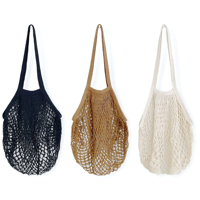 allydrew Cotton Mesh Net Foldable Reusable Grocery Bag for Farmers Market Vegetables Produce Set of 3 Black Brown Beige - Image 2