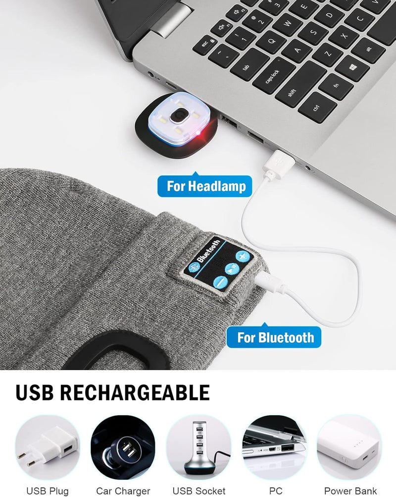 Wmcaps Bluetooth Beanie with a Light, Unisex USB Rechargeable 4 LED Fashlight Hat with Cordless Headphones, Unique Christmas Birthday Gifts for Men Him Husband Teen - Image 5