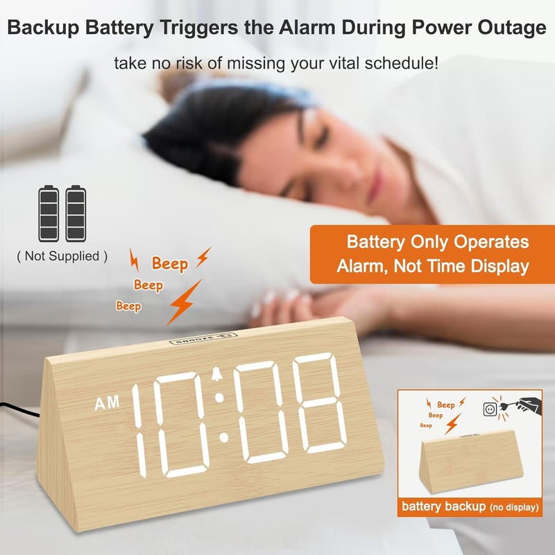 دريم سكاي منبهات خشبية رقمية من لغرف النوم - ساعة مكتب كهربائية بأرقام كبيرة، منفذ USB، إنذار ببطارية احتياطية، مستوى صوت قابل للتعديل، خافت إضاءة، غفوة، توقيت صيفي، 12/24 ساعة، ديكور خشبي (أبيض) - Image 3